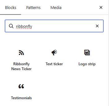 The block inserter searched for “ribbonfly”: Ribbonfly News Ticker, Text ticker, Logo strip and Testimonials.