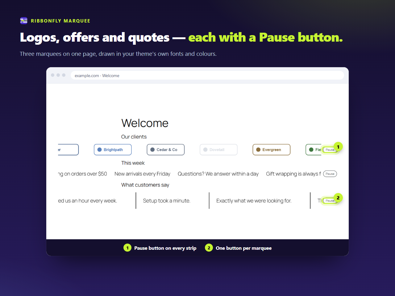 Three marquees on one page: a row of client logos, a row of offers and a row of customer quotes, each with a small Pause button beside it.