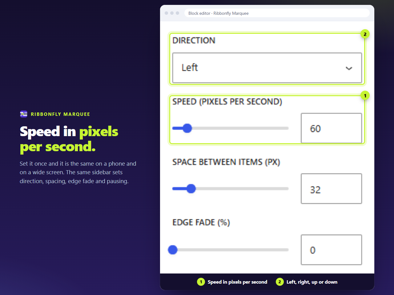 The block sidebar: speed in pixels per second, space between items, edge fade and direction.