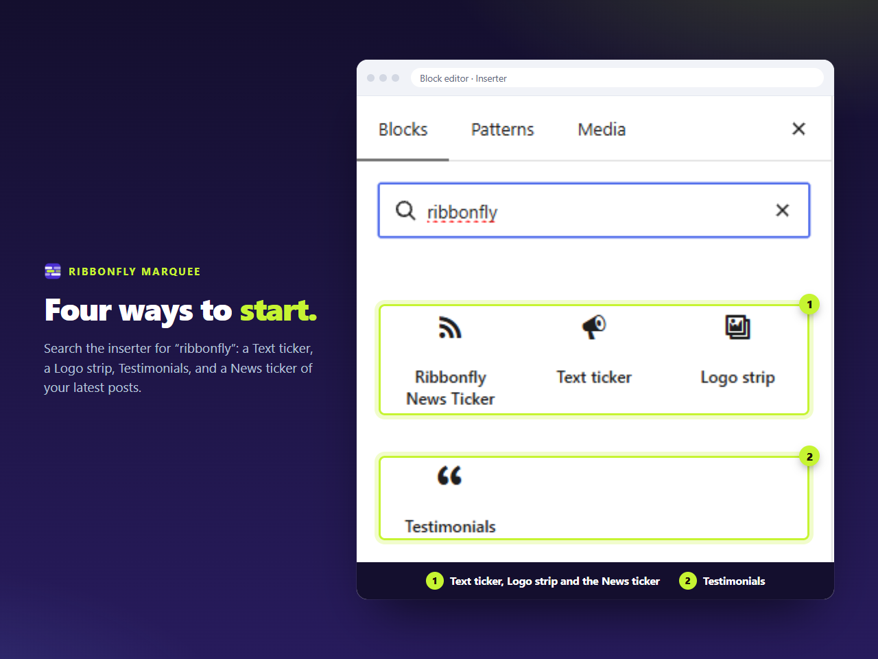 The block inserter, searched for “ribbonfly”: Text ticker, Logo strip, Testimonials and the News ticker.