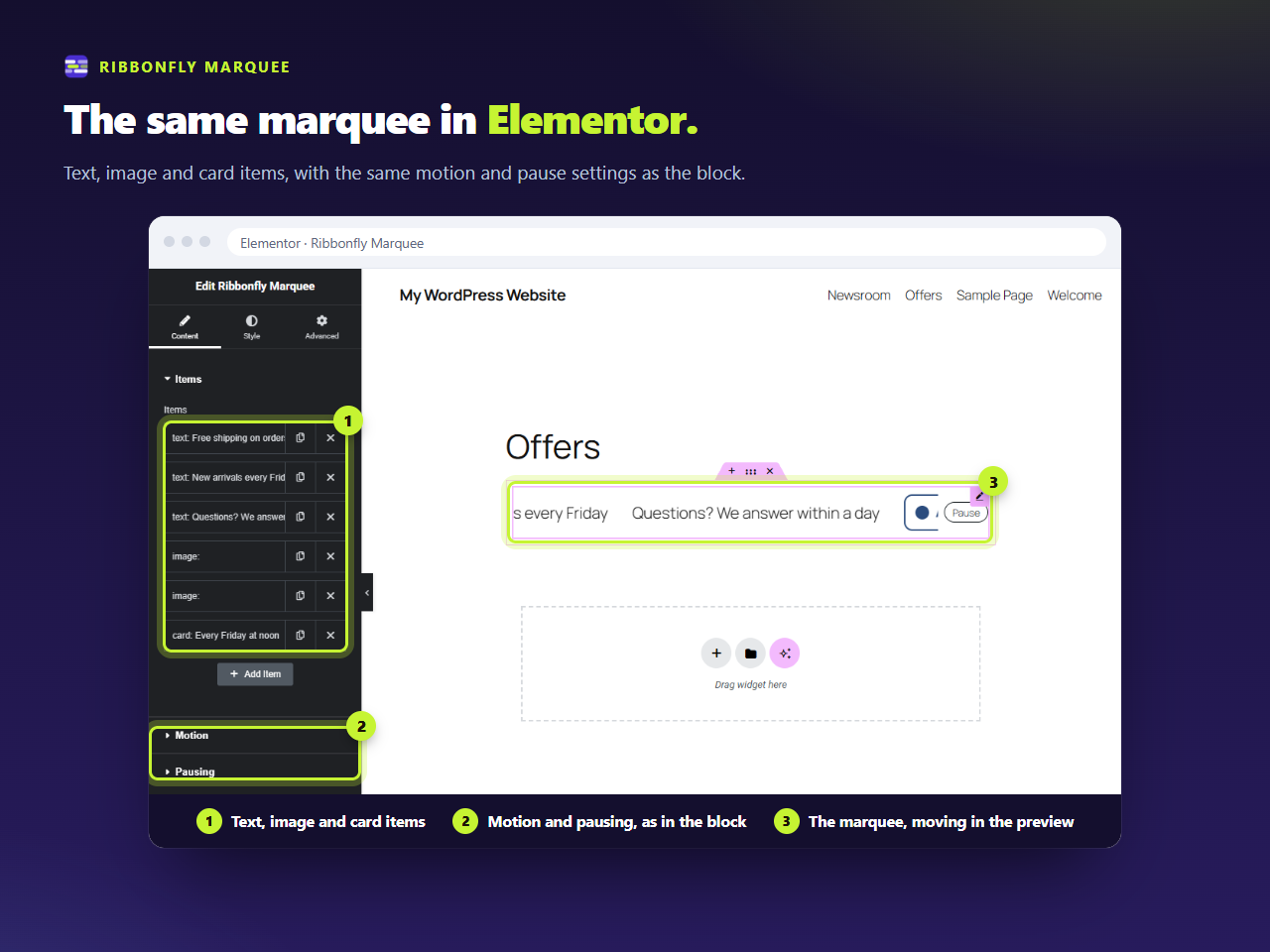 The Ribbonfly Marquee widget in Elementor: text, image and card items, and the Motion and Pausing sections.