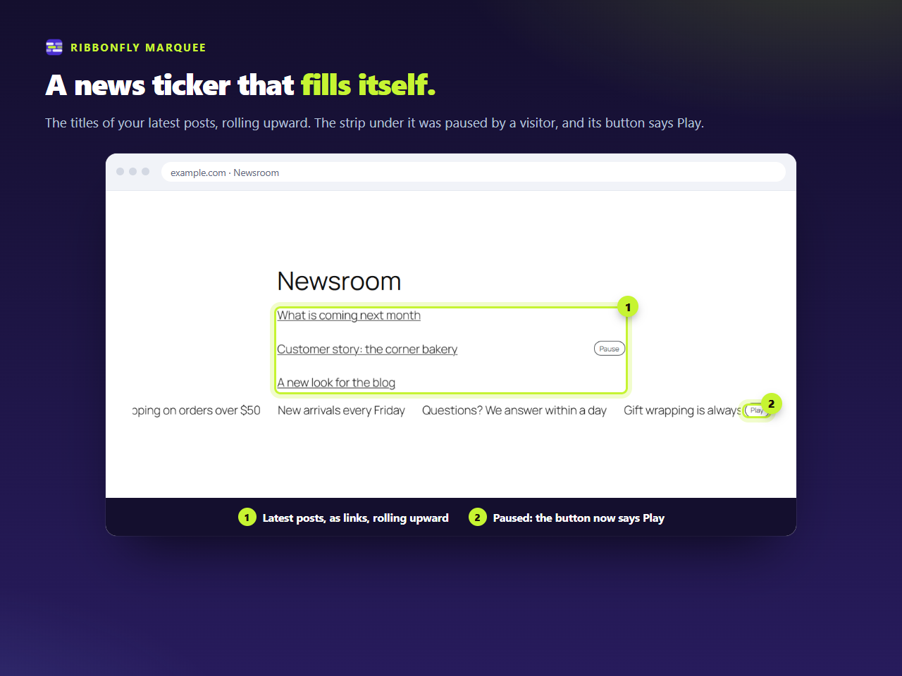 A vertical news ticker of the latest posts, above a text ticker that has been paused: its button says Play.